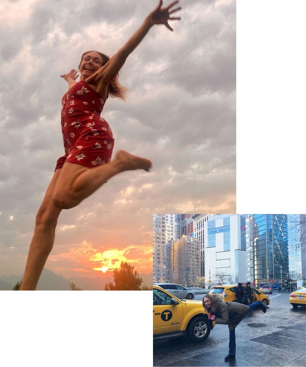 Marla jumping in Corvallis and pose in NYC